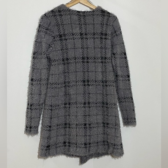 Lily Morgan women’s dark gray plaid open front long hairy sweater cardigan s- SP - Picture 2 of 6